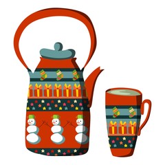 Christmas cute teapot and cup. Tea party. New year vector illust
