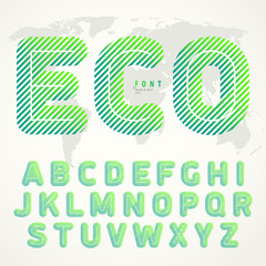 Striped ECO font. Roundish letters with slanted green lines. Best to use for eco posters, bio labels, in presentations headlines and titles for conferences. Vector illustration.