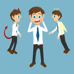 Evil, Angel And Shock Businessman With Background