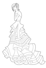 Coloring book page for adults. Woman in a long dress. Fashion.