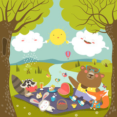 Animals at picnic in forest