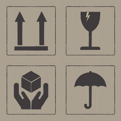Packaging icons or sign set. Fragile symbols isolated on cardboard texture. Vector illustration.