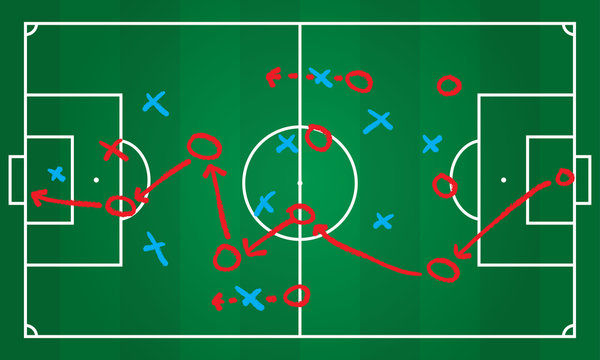Soccer or football game strategy plan. Realistic blackboard. Vector illustration. Sport infographics element.