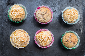 Six Muffins with Caramel and Sea Salt on a Black Baking Plate