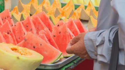 watermelon and melon selling in Ameyoko market, tokyo, japan, selective focus