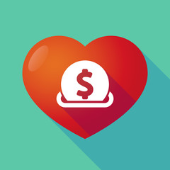 Long shadow red heart with  a dollar coin entering in a moneybox