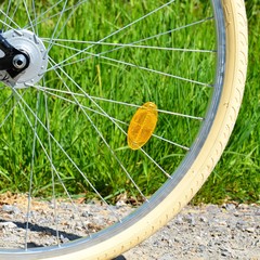 Detailaufnahme eines Fahrrads: Reflektor, Speiche und Rad