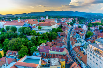 Cityscape Zagreb town in sunset. / Aerial view of capital of Croatia, Zagreb, cityscape view. - 110882091