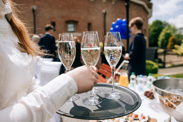 catering services in restaurant outdoor on wedding ceremony in the park. Food and glass of champagne