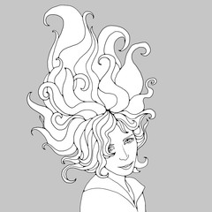 Portrait of young beautiful girl with long wavy hair drawnd with plack pen outlines. Vector illustration for coloring pages or other.