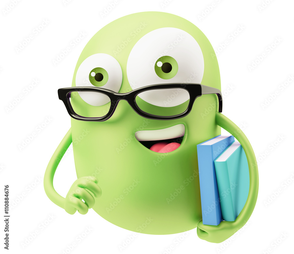 Poster studying emoticon character face expression. 3d rendering.