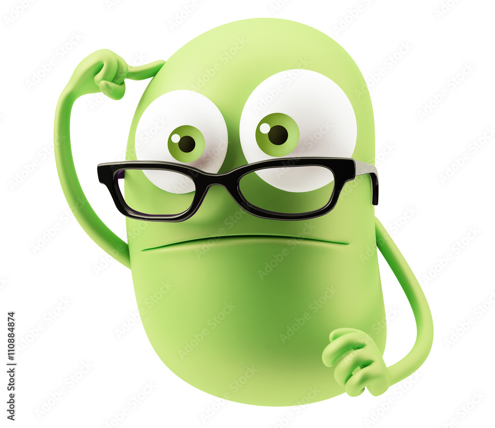 Poster clever emoticon with glasses. 3d rendering.
