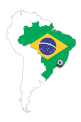 Brazil country map flag with soccer ball isolated on white. Brazil map football with soccer ball copy space illustration background.