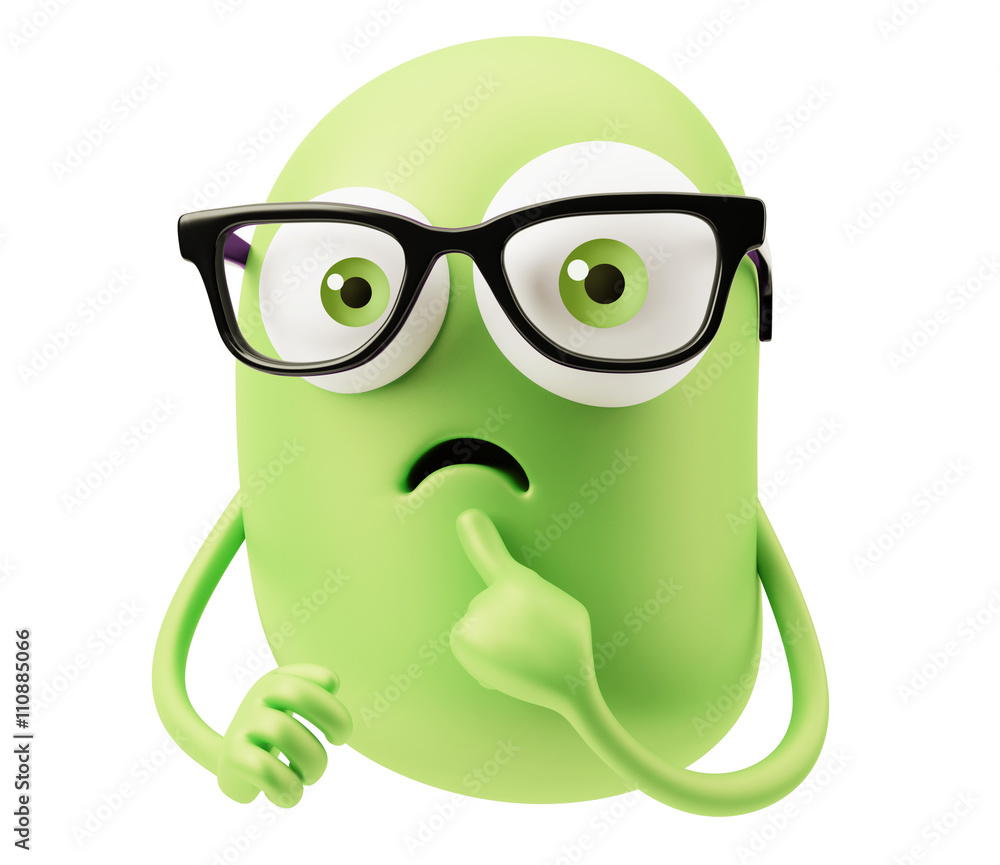 Poster clever emoticon with glasses. 3d rendering.