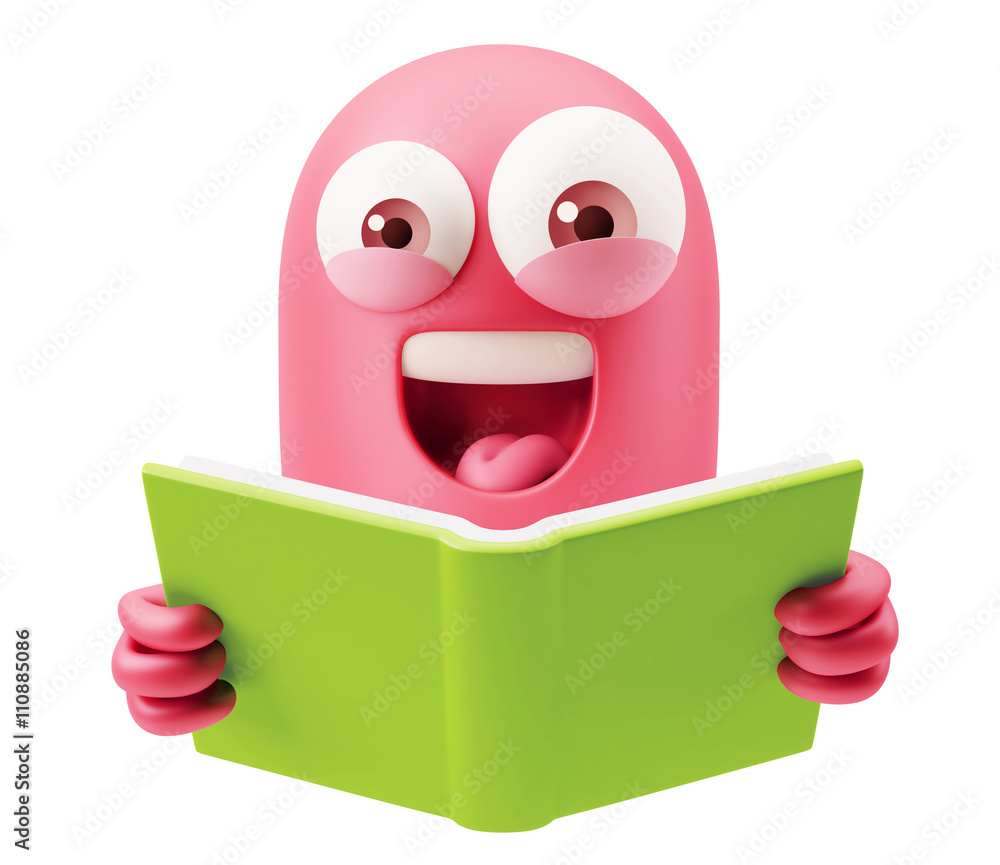 Poster studying emoticon character face expression. 3d rendering.