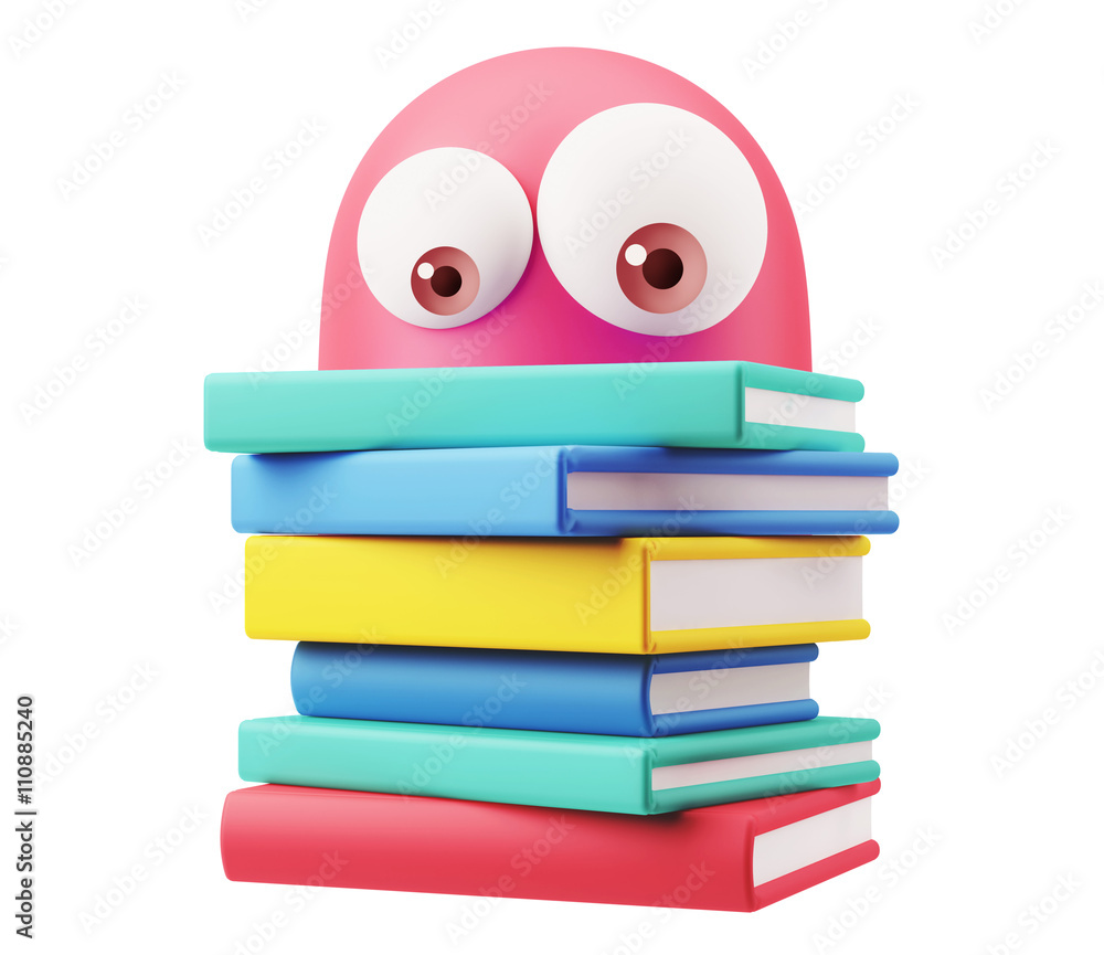 Poster studying emoticon character face expression. 3d rendering.