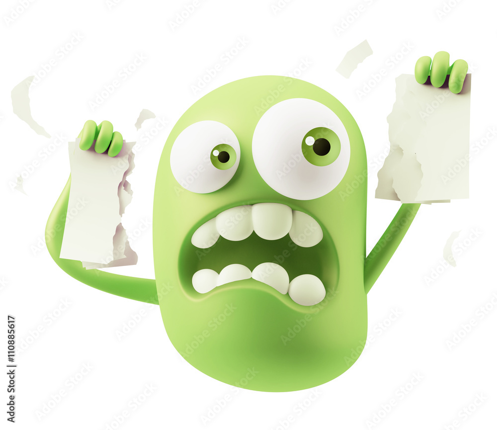 Poster breaking documents emoticon character face expression. 3d render