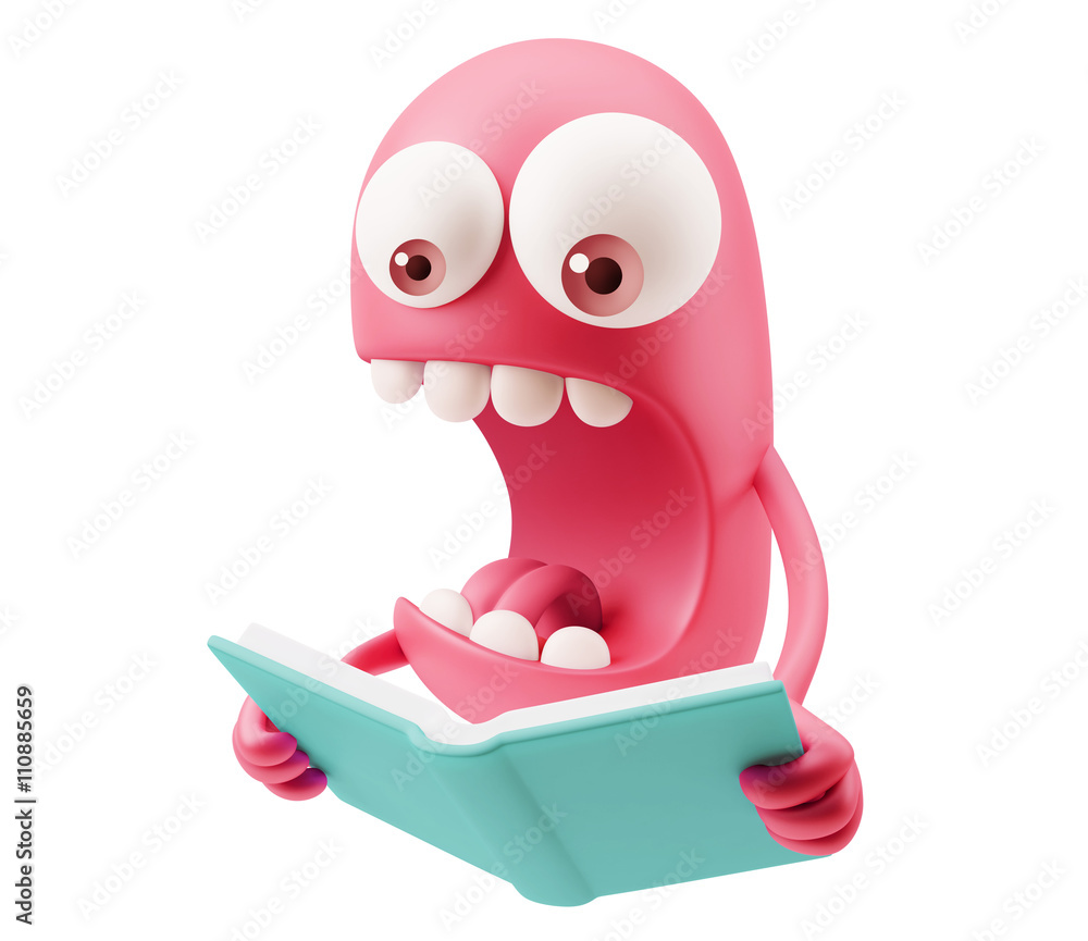 Poster studying emoticon character face expression. 3d rendering.