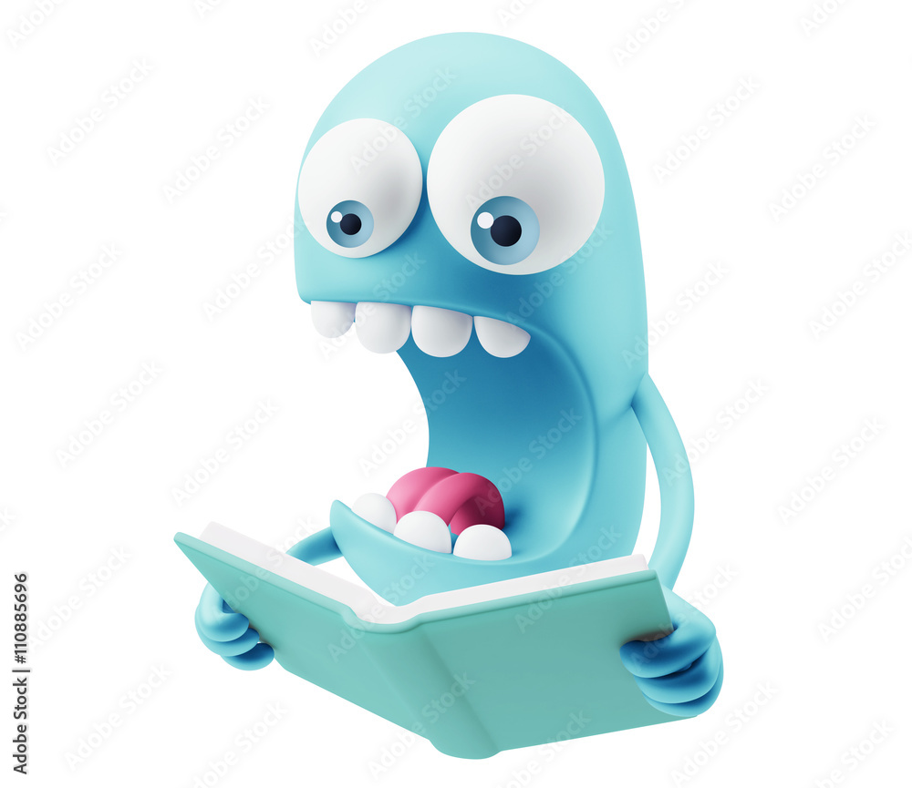 Poster studying emoticon character face expression. 3d rendering.