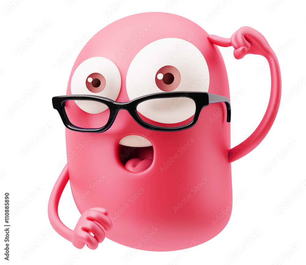 Poster thinking smart emoticon character face. 3d rendering.