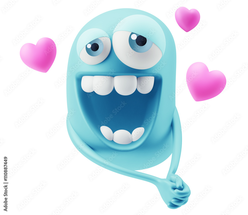 Poster romantic emoticon character face expression. 3d rendering.