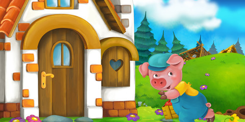 Cartoon scene of a pig near the house talking to wolf - illustration for children