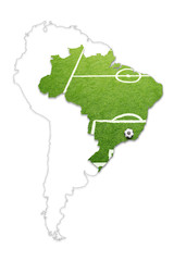 Brazil map conceptual soccer game background with soccer field background isolated on white....