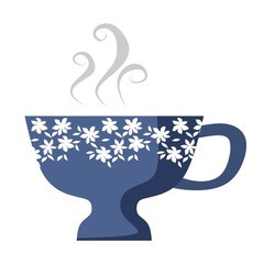 Beautiful dark blue teacup with white flowers. Vector illustration