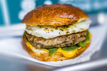 Hamburger with chicken, egg and fresh vegetables