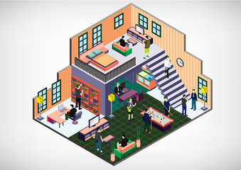Obraz premium illustration of info graphic interior room concept in isometric graphic