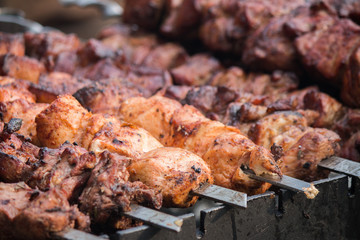 barbecue grill, skewers with meat, brazier, cauldron,