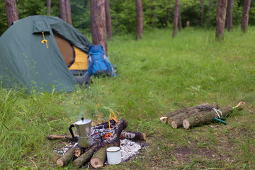 Camping in the woods.