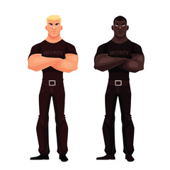 Two male security, vector illustration cartoon isolated on a white background, a male African and European security stand idly by, serious and strong people guards, security forces,