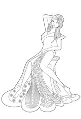 Coloring book page for adults. Sitting girl in a long dress.  Fashion.
