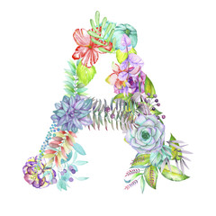 Capital letter A of watercolor flowers, isolated hand drawn on a white background, wedding design, english alphabet for the festive and wedding decor and cards