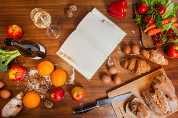 topview of Fruits and vegetables on wooden kitchen table 