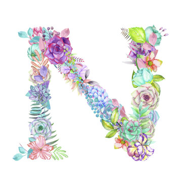 Capital letter N of watercolor flowers, isolated hand drawn on a white background, wedding design, english alphabet for the festive and wedding decor and cards