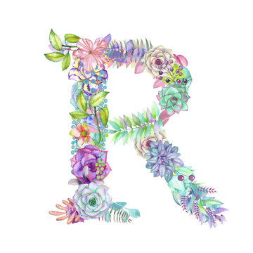 Capital letter R of watercolor flowers, isolated hand drawn on a white background, wedding design, english alphabet for the festive and wedding decor and cards