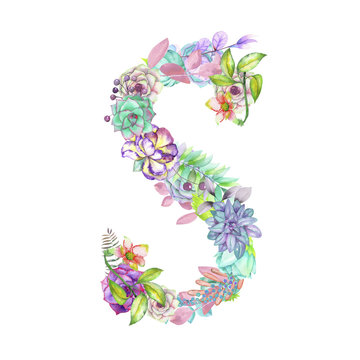 Capital letter S of watercolor flowers, isolated hand drawn on a white background, wedding design, english alphabet for the festive and wedding decor and cards