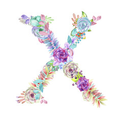 Capital letter X of watercolor flowers, isolated hand drawn on a white background, wedding design, english alphabet for the festive and wedding decor and cards