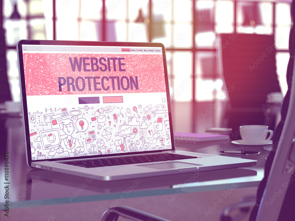 Poster modern workplace with laptop showing landing page in doodle design style with text website protectio