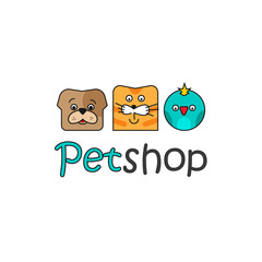 Pet shop vector logo template, flat outline color pets dog, cat, bird logotype design, pets faces isolated on white background, cartoon logotype illustration