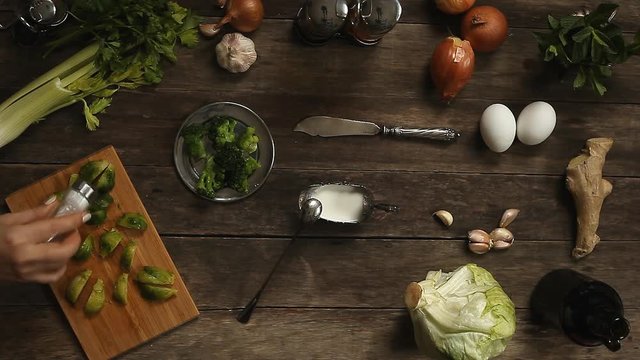 cabbage, garlic and onions on old wooden table