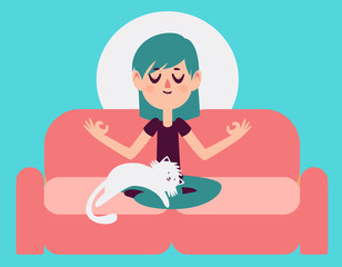 Zen Girl Meditating on Sofa with Cat