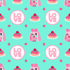 Cute pink seamless pattern with bunnies and sweets. Congratulatory pattern. Emerald background.
