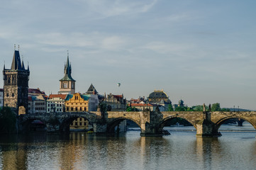 Charles Bridge and Prague Castle in Prague (Czech Republic) at early morning. No people