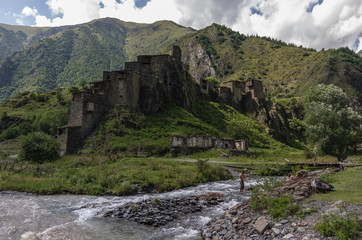 Fototapeta premium Shatili. Abandoned fortified village with watch towers in Georgia. Caucasus mountains