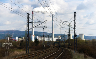 Fototapeta premium Power plant and tracks near Prunerov
