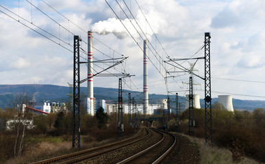 Fototapeta na wymiar Power plant and tracks near Prunerov
