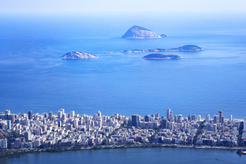 Aerial view of Ipanema District and Cagarras Islands in Rio de Janeiro, Brazil.
